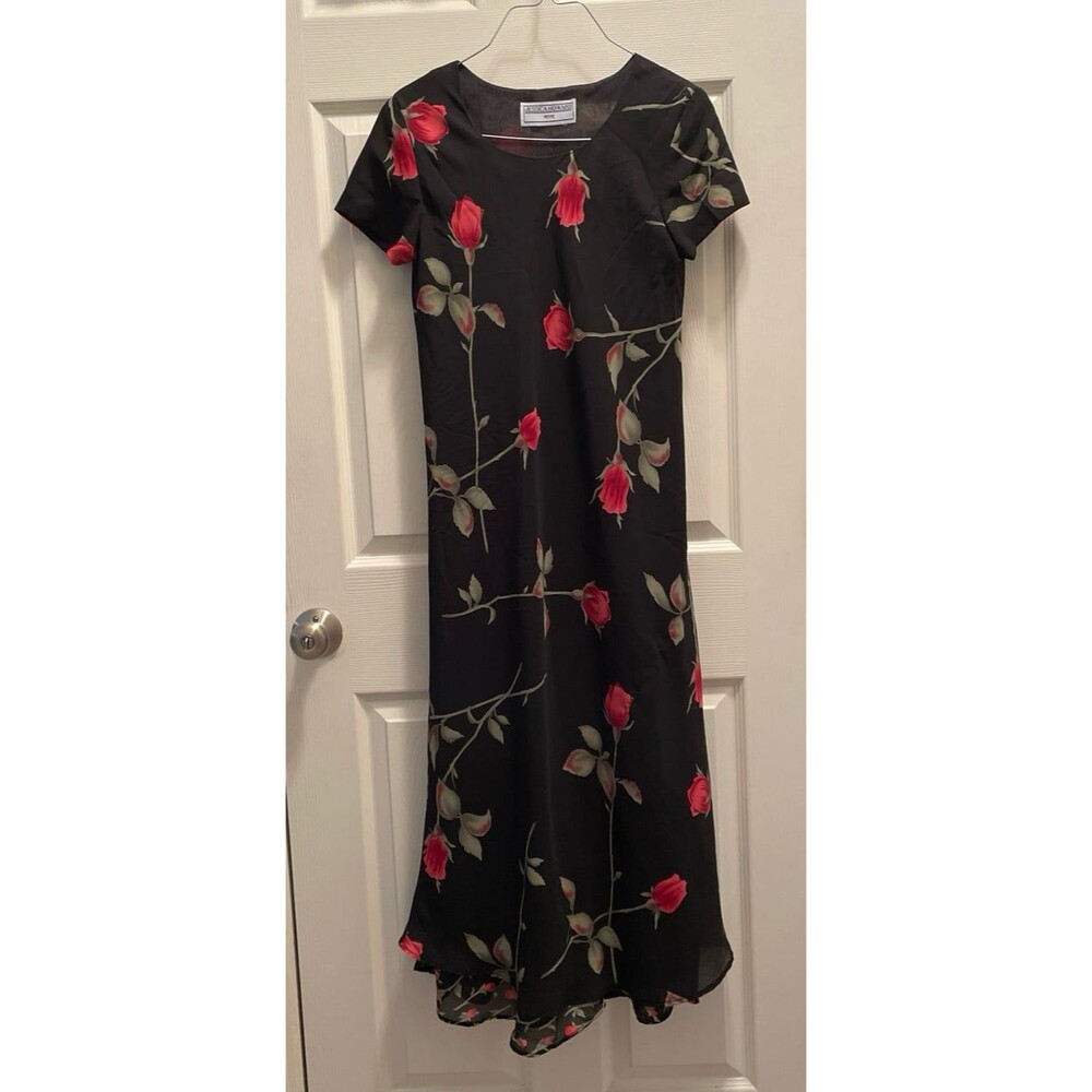 Vintage Jessica Howard Petite Black Dress Long Stem Red‎ Roses Size Small Medium